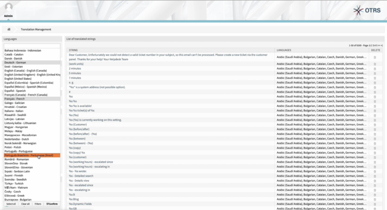 Multi-language selection admin console